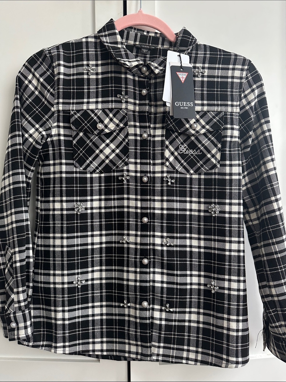 GUESS Girls Black & White Plaid Button-Down Shirt with Embellished Details